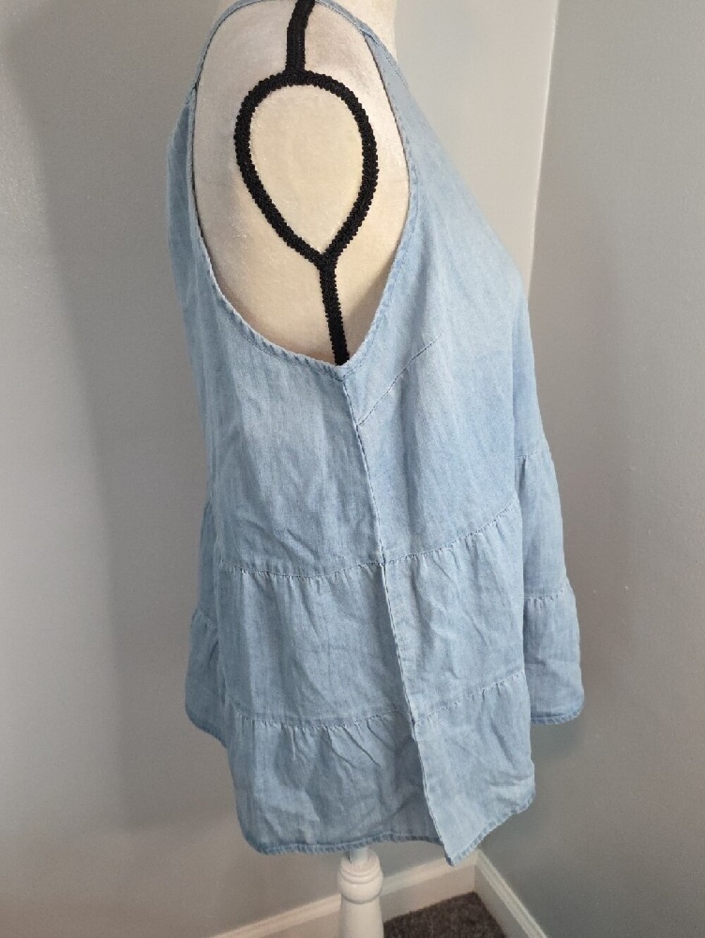 Light Wash Chambray Tiered Halter Blue Tunic / Large - Picture 3 of 5